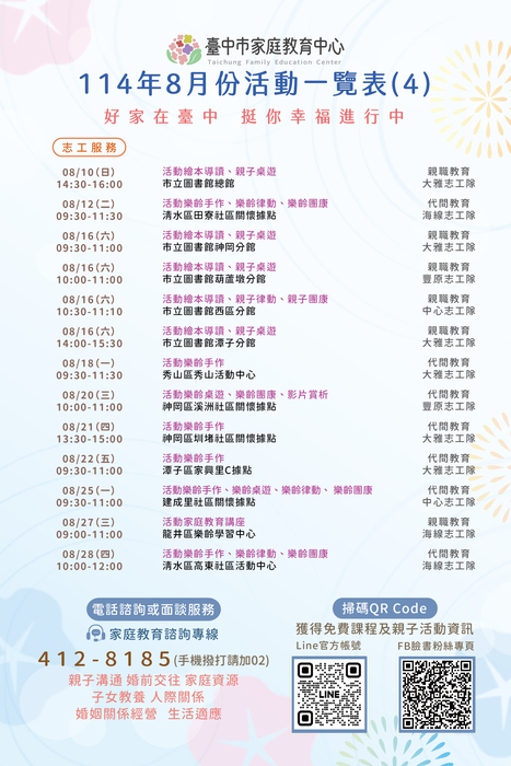 臺中市家庭教育中心8月份活動圖片