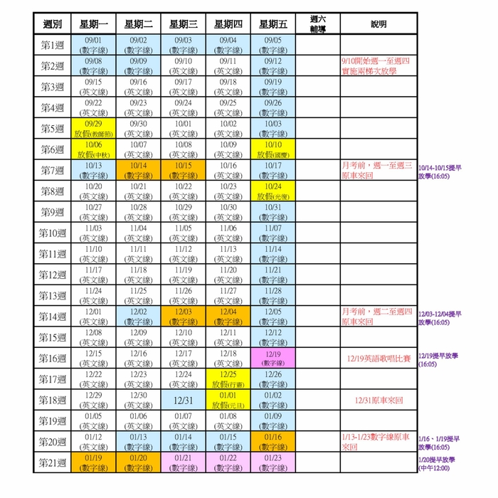 114學年度第一學期英文線學生放學專車路線一覽表(0910實施)圖片