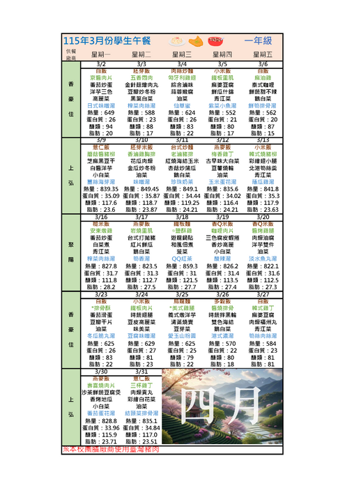 115年3月菜單圖片